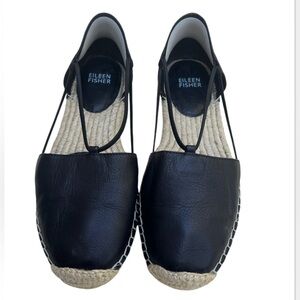 Eileen Fisher Black Lee Washed Leather Espadrille Flats, Sz 7